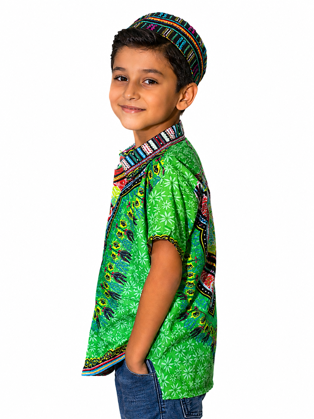 Camisa de Niño de Botones con Estampado Afrocaribeño Verde