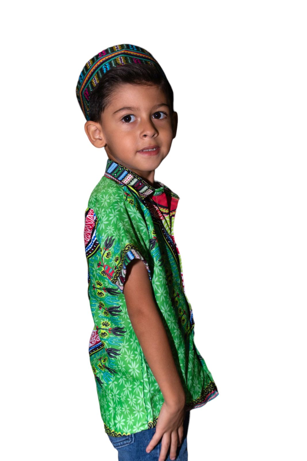 Camisa de Niño de Botones con Estampado Afrocaribeño Verde