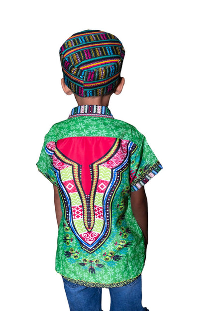 Camisa de Niño de Botones con Estampado Afrocaribeño Verde