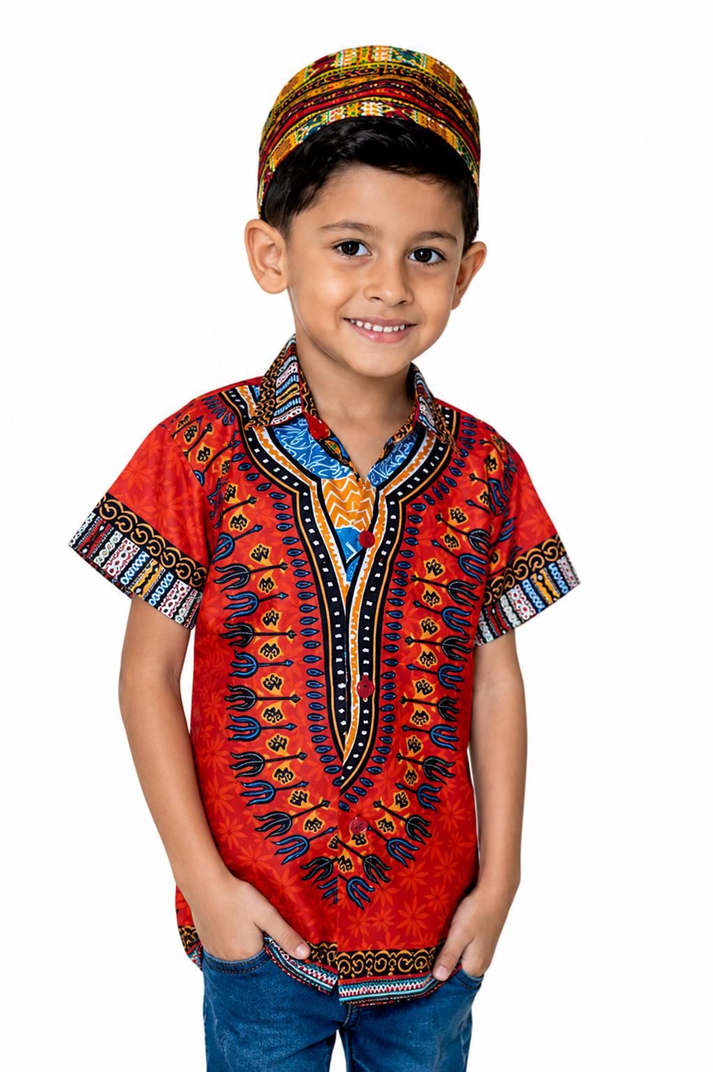 Camisa de Niño de Botones con Estampado Afrocaribeño Naranja