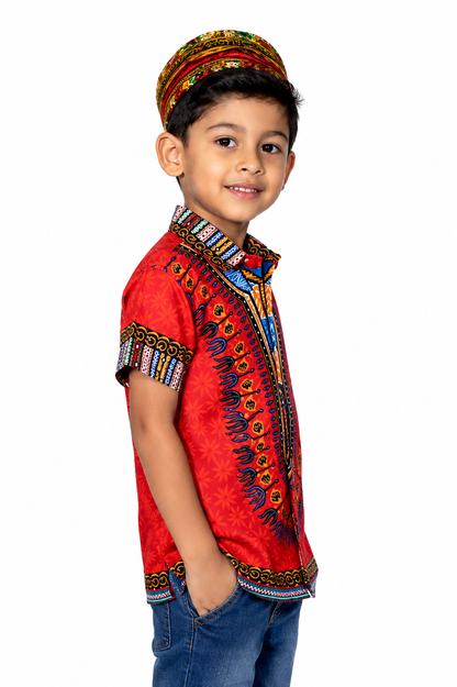 Camisa de Niño de Botones con Estampado Afrocaribeño Naranja