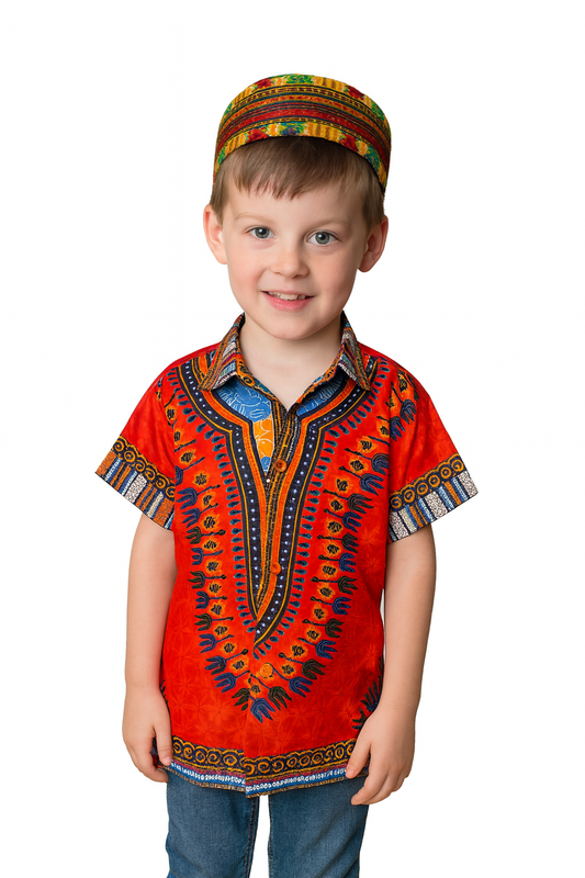 Camisa de Niño de Botones con Estampado Afrocaribeño Naranja