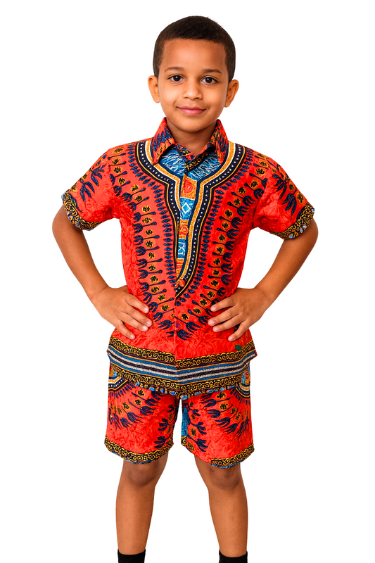 Traje de Niño Afrocaribeño Camisa Naranja + Short + Kufi Combinado de regalía. Conjunto Combo Naranja Afrodescendiente