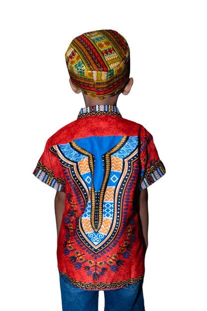 Camisa de Niño de Botones con Estampado Afrocaribeño Naranja