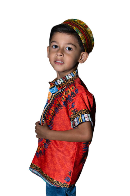 Camisa de Niño de Botones con Estampado Afrocaribeño Naranja