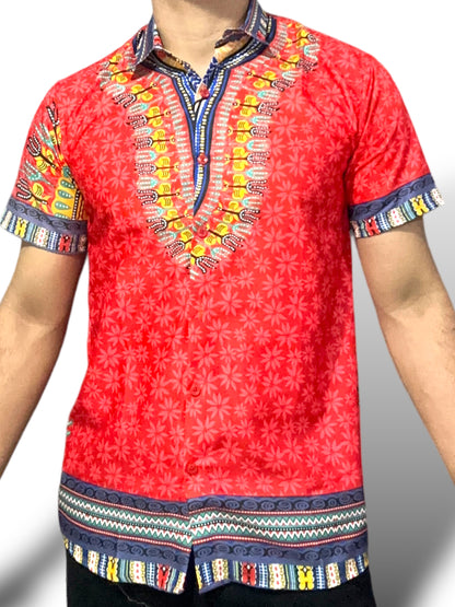 Camisa de Niño de Botones con Estampado Afrocaribeño Rojo