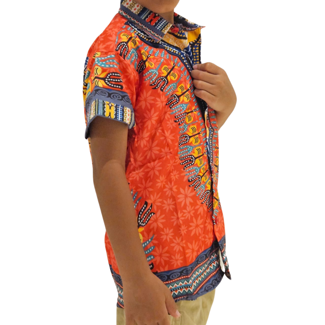 Camisa de Niño de Botones con Estampado Afrocaribeño Rojo