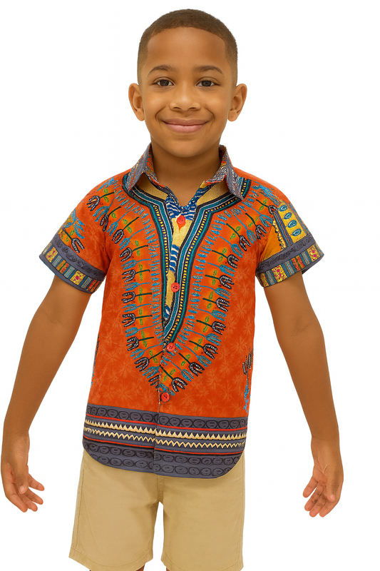 Camisa de Niño de Botones con Estampado Afrocaribeño Rojo