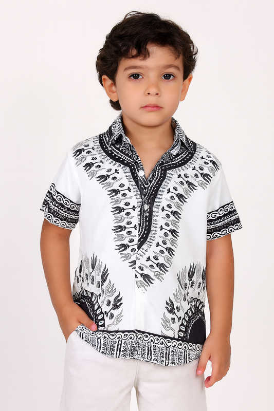 Camisa de Niño de Botones con Estampado Afrocaribeño Blanco