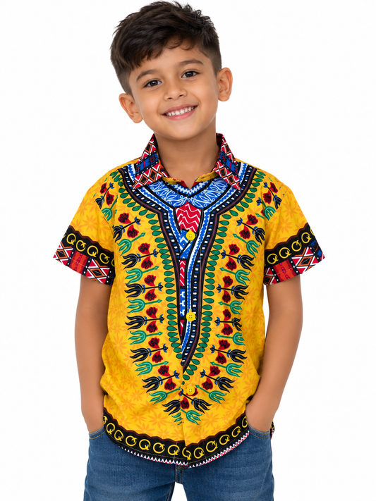Camisa de Niño de Botones con Estampado Afrocaribeño Amarillo