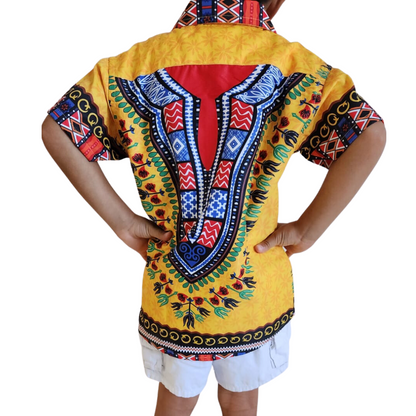 Camisa de Niño de Botones con Estampado Afrocaribeño Amarillo