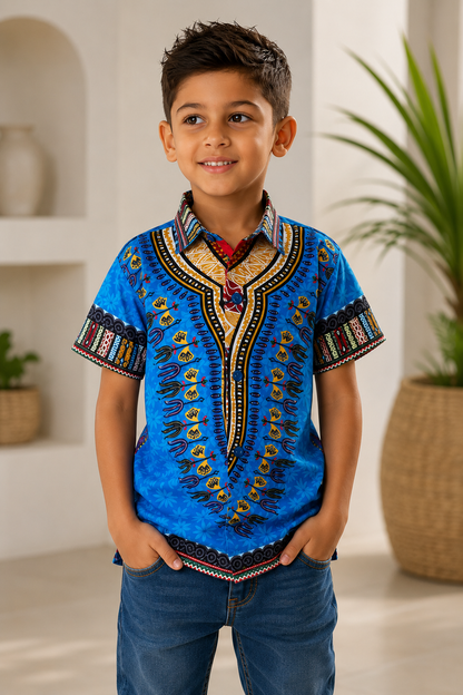 Camisa de Niño de Botones con Estampado Afrocaribeño Azul