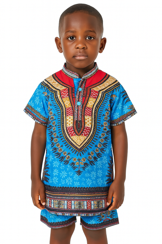 Camisa de Niño de Botones Cuello Chino Estampado Afrocaribeño Azul