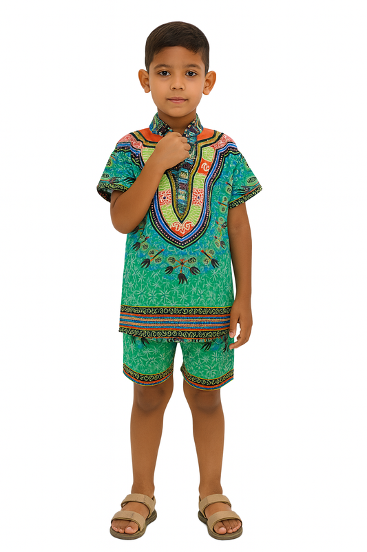Traje de Niño Afrocaribeño Verde + Short + Kufi Combinado de regalía. Conjunto Combo Verde Afrodescendiente