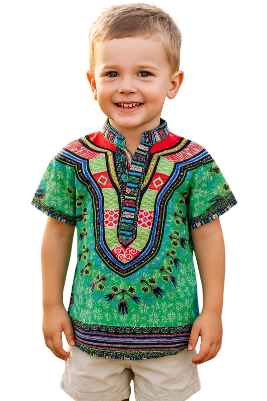 Camisa Afrocaribeña de Niño de Botones Cuello Chino Estampado Verde