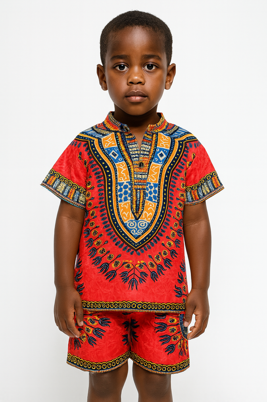 Camisa Afrocaribeña de Niño de Botones Cuello Chino Estampado Naranja