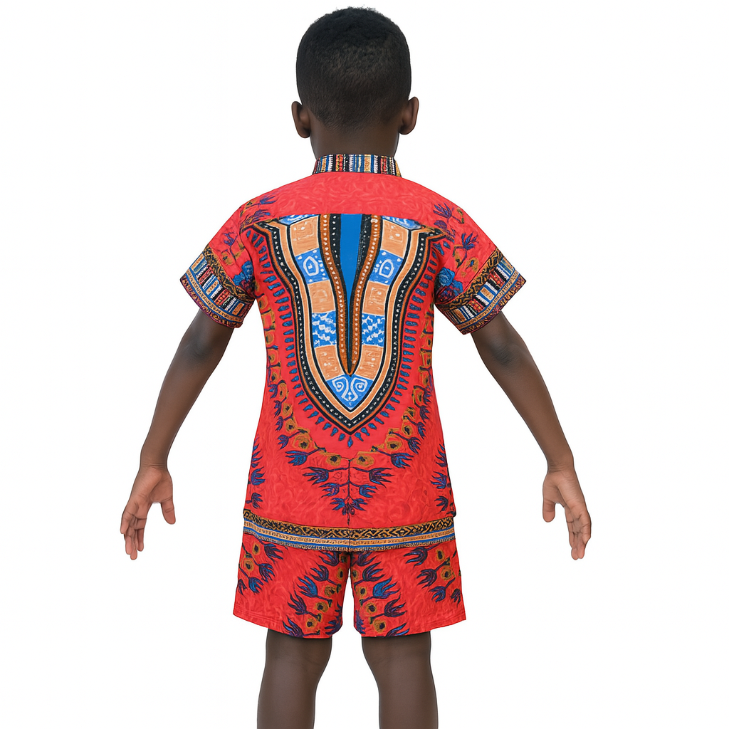 Camisa Afrocaribeña de Niño de Botones Cuello Chino Estampado Naranja