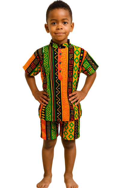 Traje de Niño Afrocaribeño Combo Camisa + Short + Kufi Combinado de regalía. Conjunto Afrodescendiente