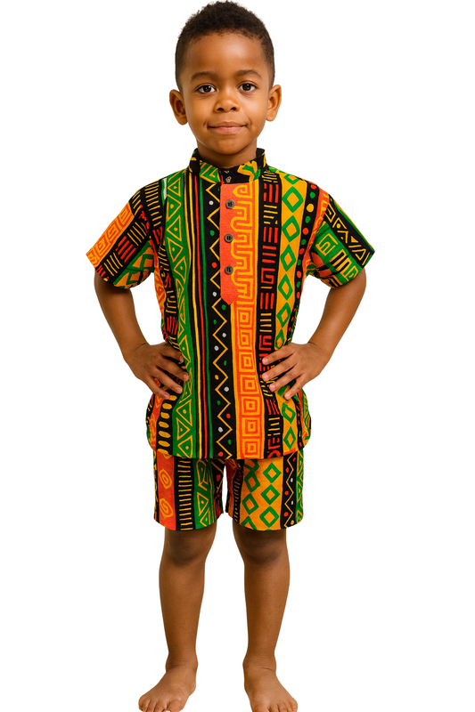 Traje de Niño Afrocaribeño Combo Camisa + Short + Kufi Combinado de regalía. Conjunto Afrodescendiente