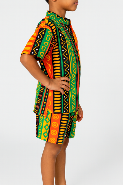 Traje de Niño Afrocaribeño Combo Camisa + Short + Kufi Combinado de regalía. Conjunto Afrodescendiente