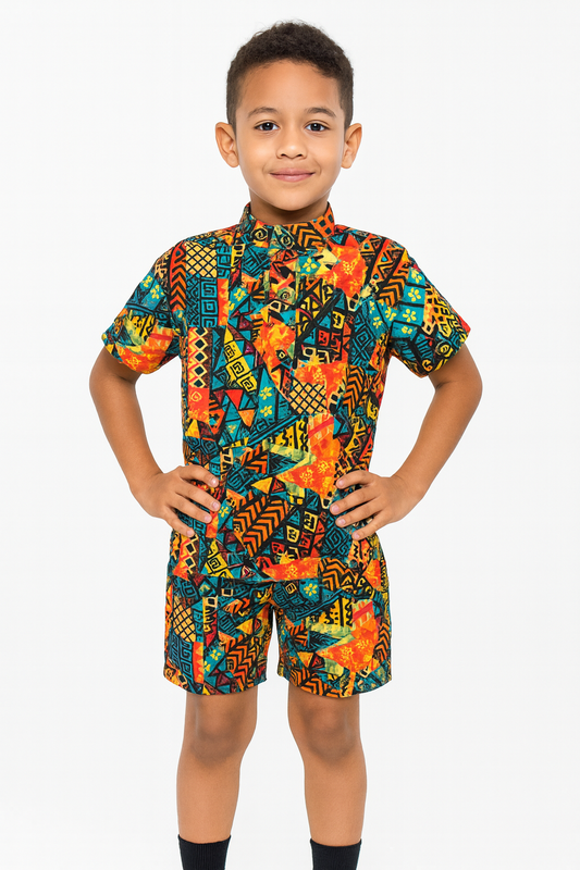 Traje de Niño Afrocaribeño Combo Camisa + Short + Kufi Combinado de regalía. Conjunto Afrodescendiente