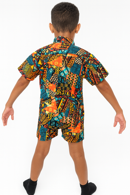 Traje de Niño Afrocaribeño Combo Camisa + Short + Kufi Combinado de regalía. Conjunto Afrodescendiente