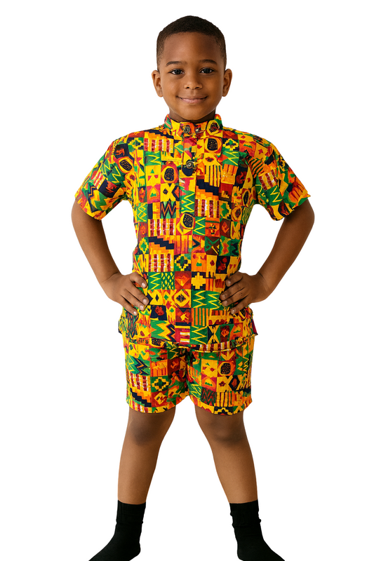 Traje de Niño Afrocaribeño Combo Camisa + Short + Kufi Combinado de regalía. Conjunto Afrodescendiente