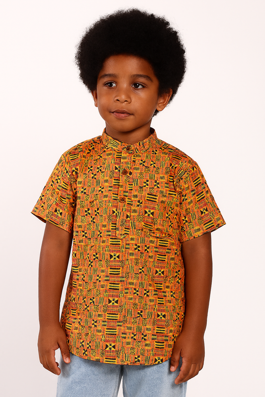 Camisa de Niño Estampado Afrocaribeño Cuello Chino de botones. HSB405PRD