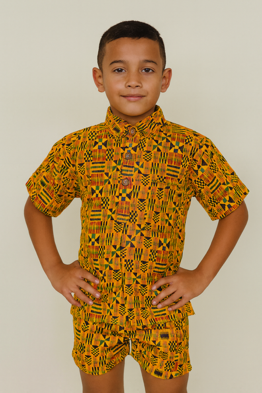 Traje de Niño Afrocaribeño Combo Camisa + Short + Kufi Combinado de regalía. Conjunto Afrodescendiente