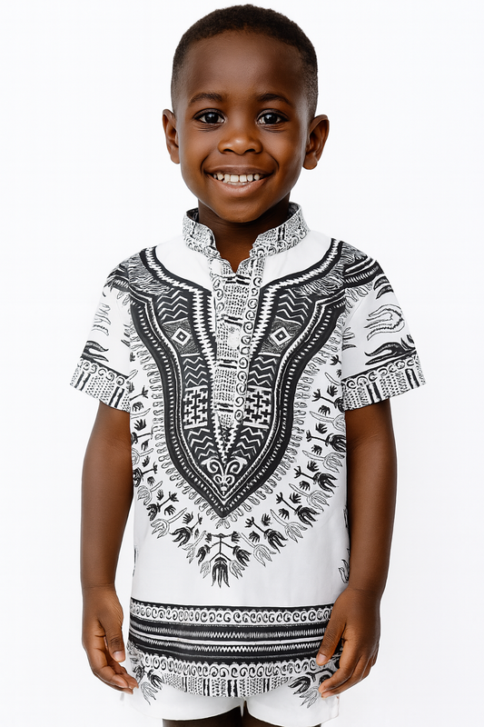 Camisa Afrocaribeña de Niño de Botones Cuello Chino Estampado Blanco con Negro