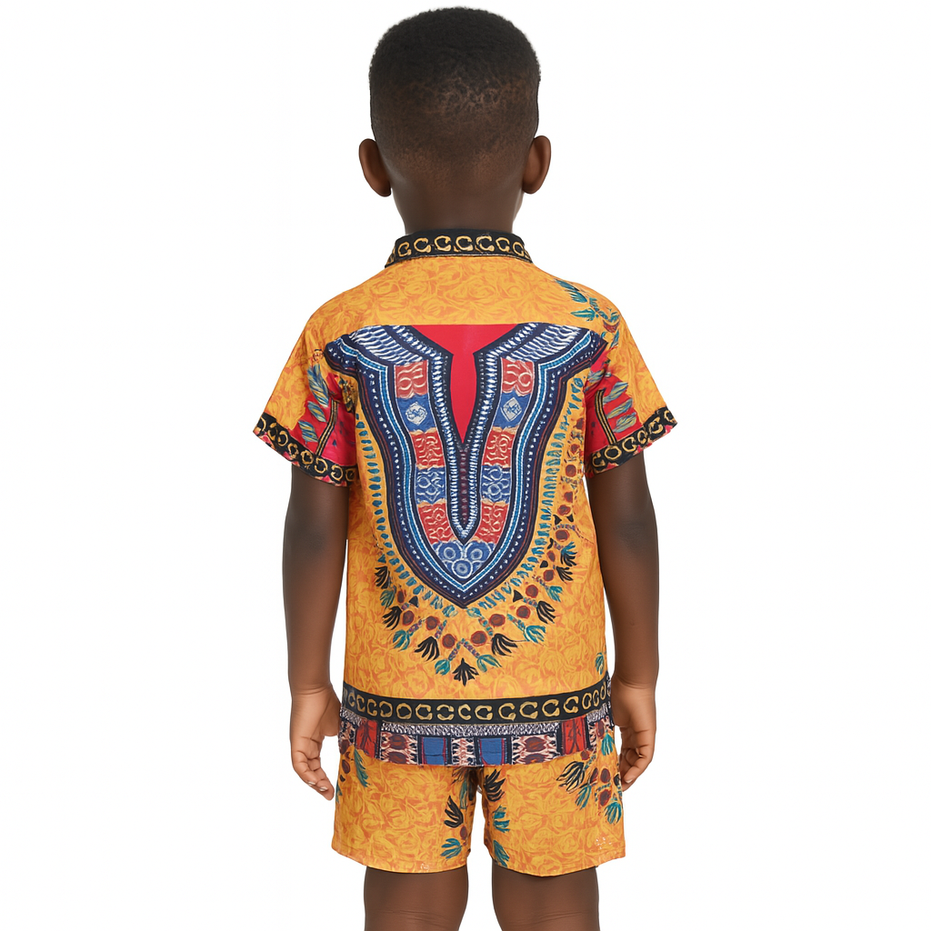 Camisa Afrocaribeña de Niño de Botones Cuello Chino Estampado Amarillo