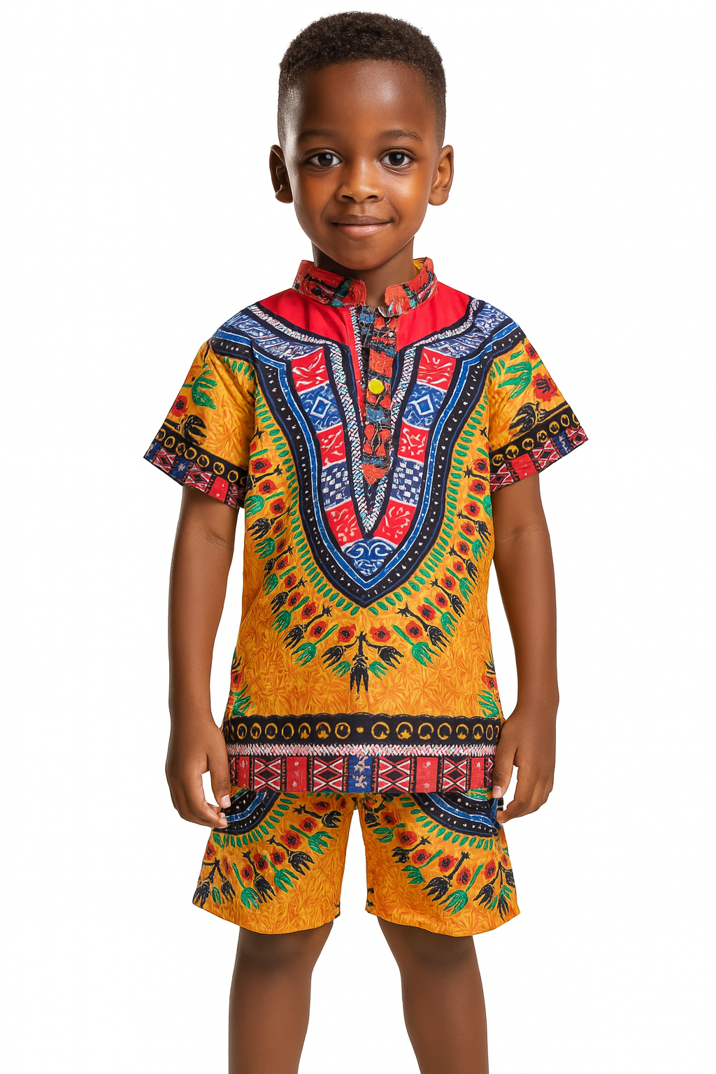 Camisa Afrocaribeña de Niño de Botones Cuello Chino Estampado Amarillo