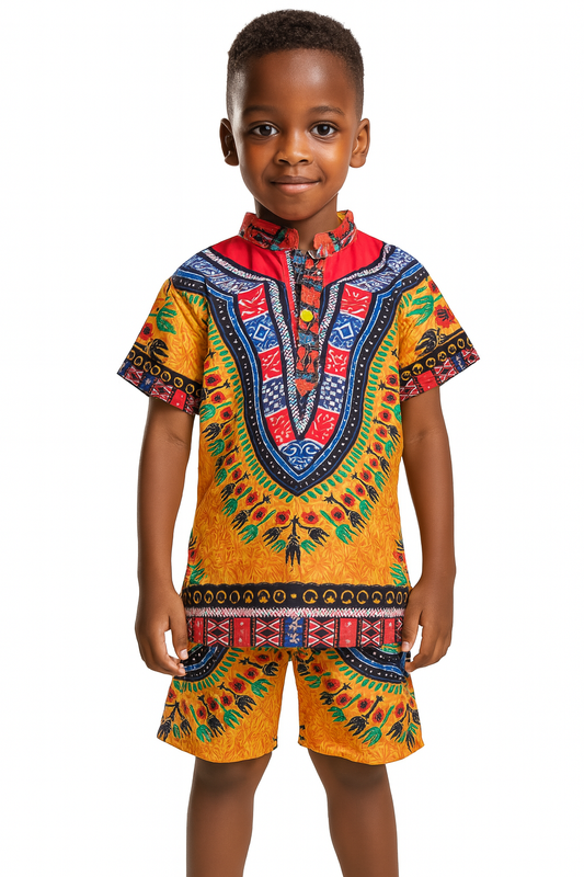 Camisa Afrocaribeña de Niño de Botones Cuello Chino Estampado Amarillo