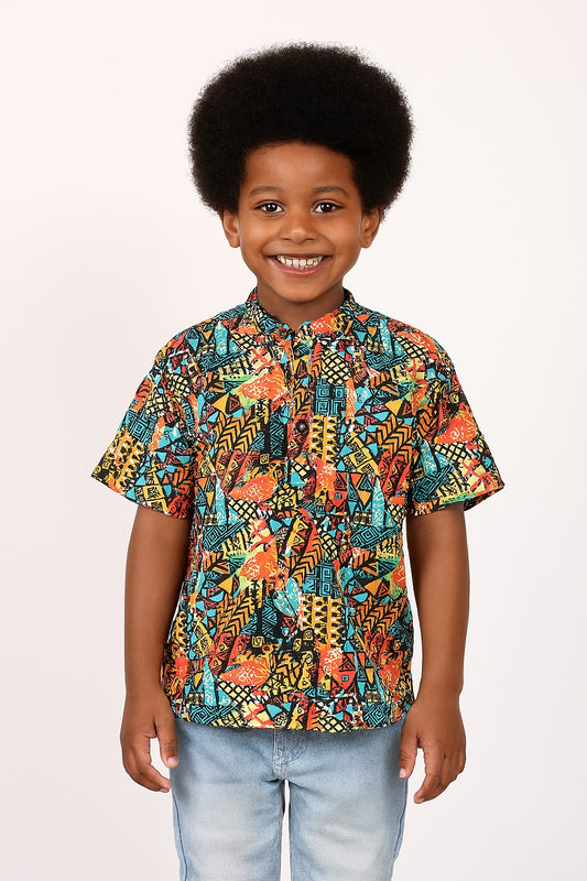 Camisa de Niño Estampado Afrocaribeño de botones cuello chino. HSB405PRB