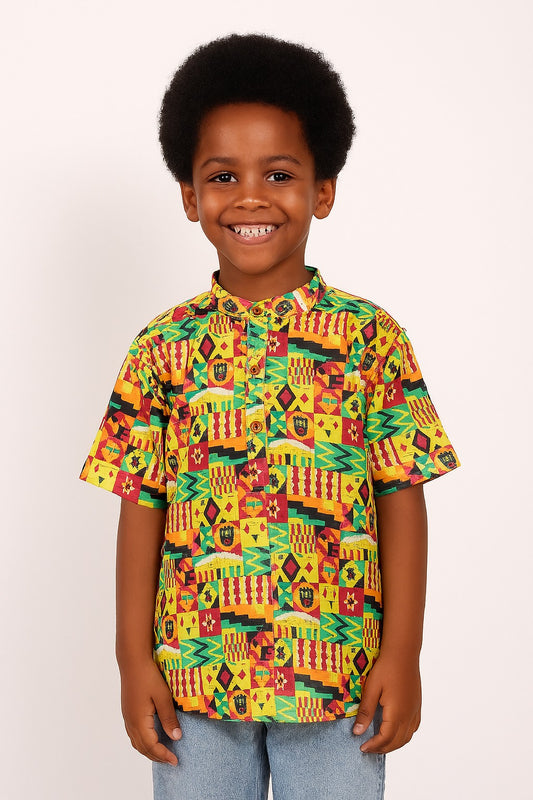 Camisa de Niño Estampado Afrocaribeño de botones cuello chino. HSB405PRC