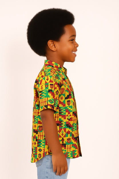 Camisa de Niño Estampado Afrocaribeño de botones cuello chino. HSB405PRC