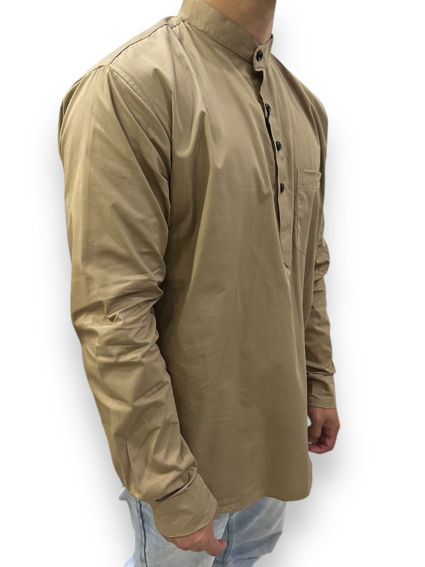 Camisa Khaki Hombre Mangas Largas Cuello Chino