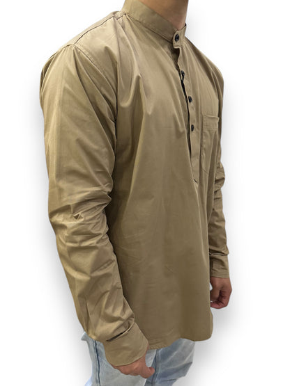 Camisa Khaki Hombre Mangas Largas Cuello Chino