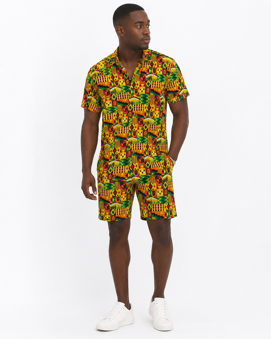 Set Conjunto Traje Afrodescendiente de 2 Piezas para Hombre (Camisa + Short) Afrocaribeño