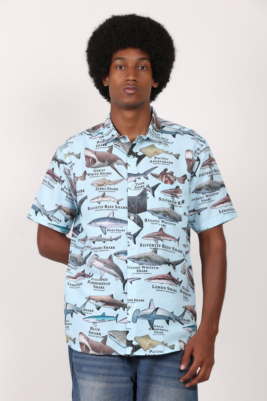 Camisa Hawaiana Playera Caribeña de Caballero Estampado Tiburones