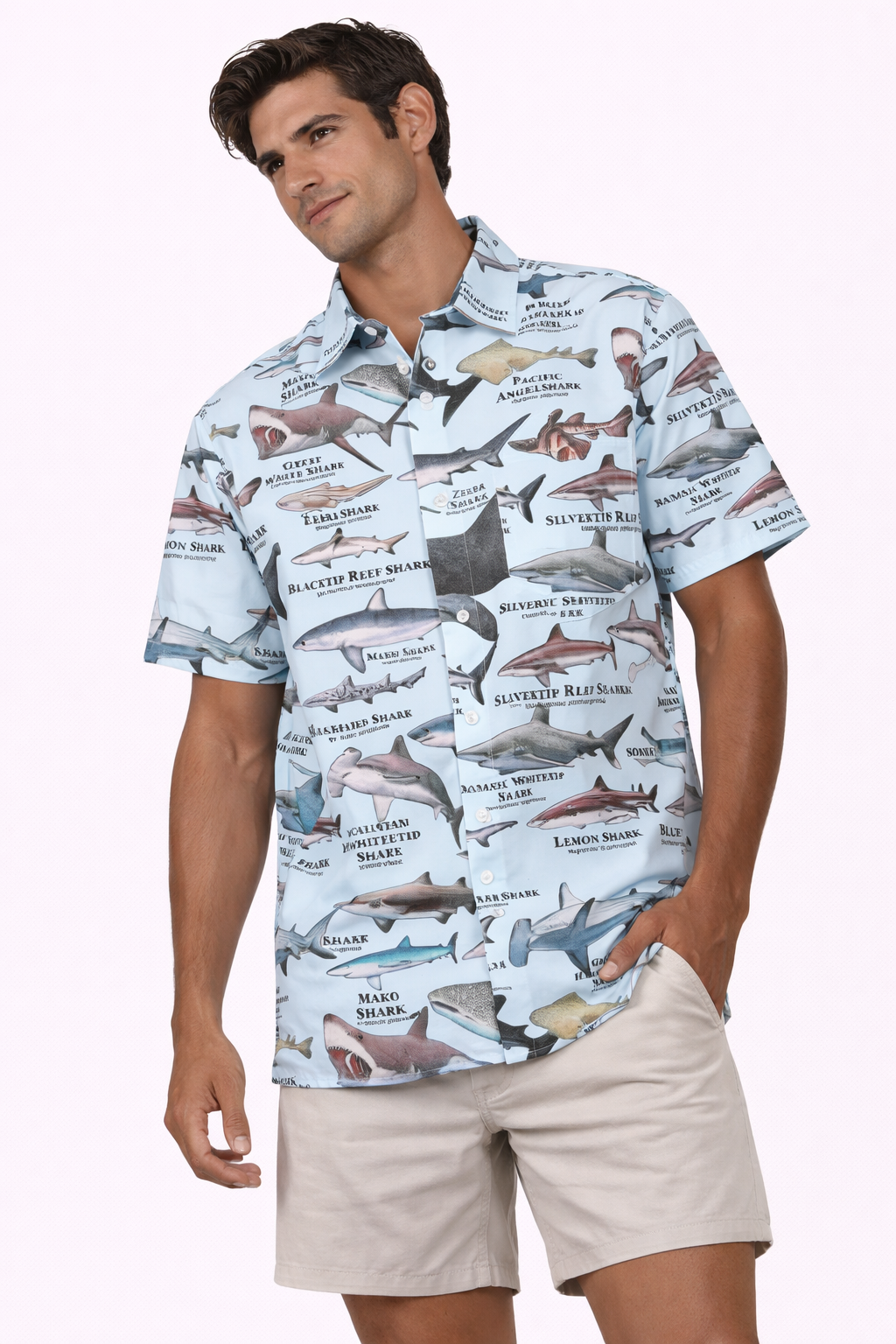 Camisa Hawaiana Playera Caribeña de Caballero Estampado Tiburones