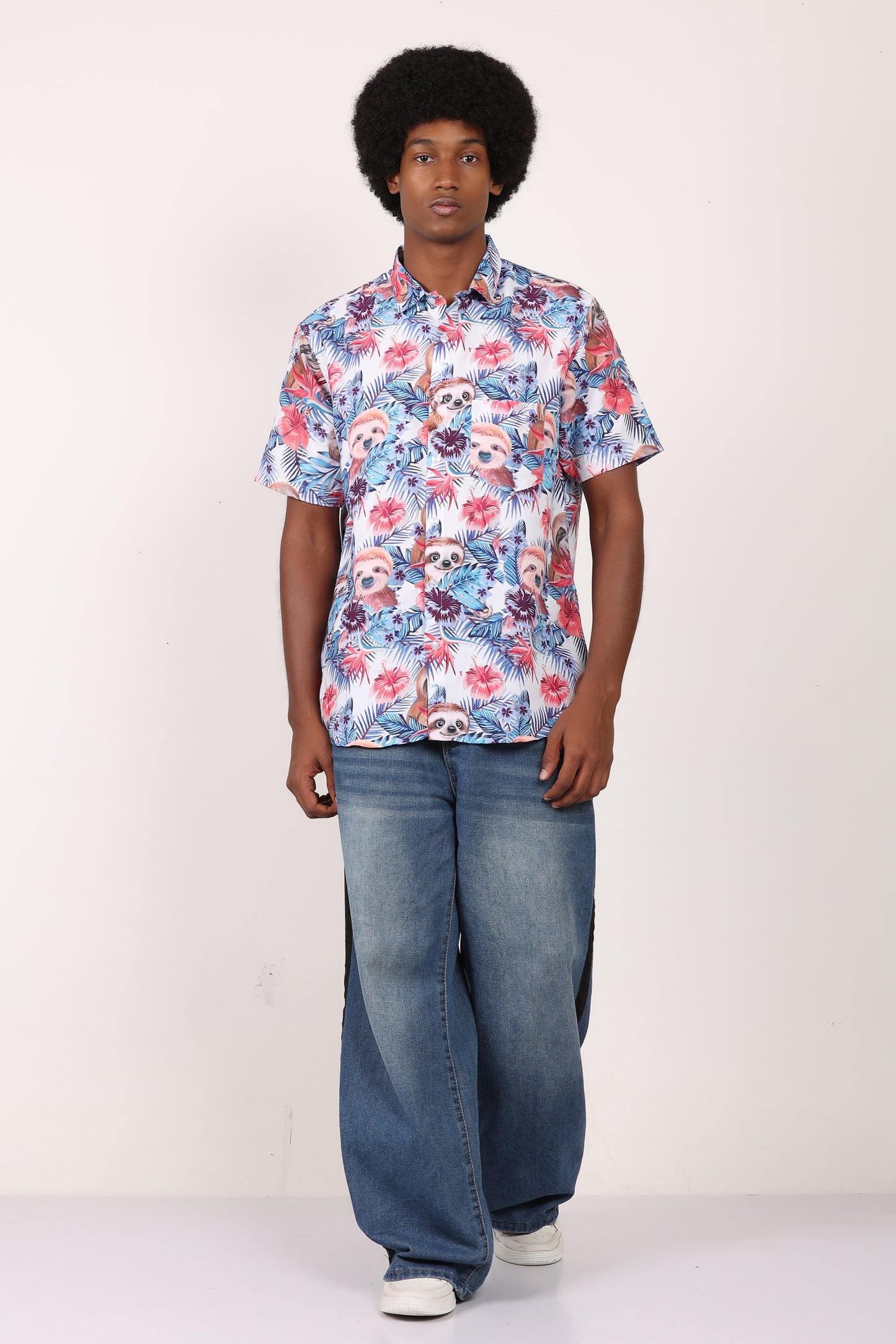 Camisa Hawaiana Playera Caribeña de Caballero Estampado Oso Perezoso Aloha