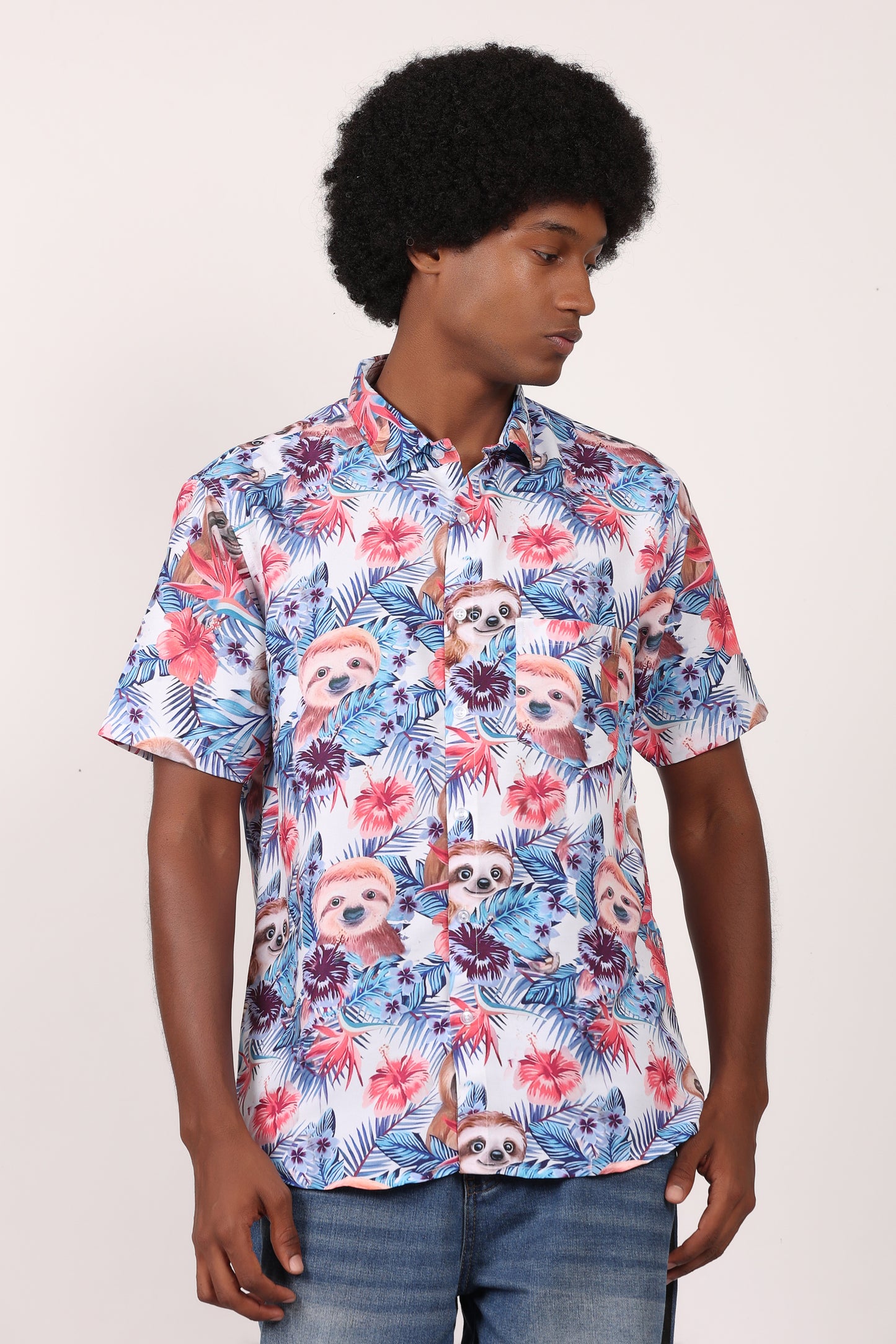 Camisa Hawaiana Playera Caribeña de Caballero Estampado Oso Perezoso Aloha