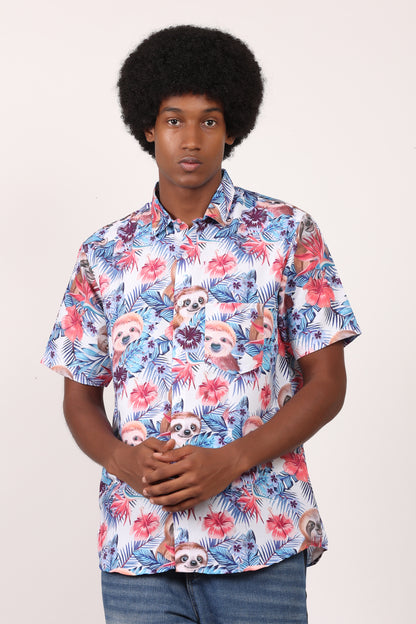 Camisa Hawaiana Playera Caribeña de Caballero Estampado Oso Perezoso Aloha