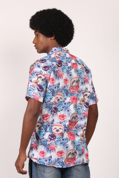 Camisa Hawaiana Playera Caribeña de Caballero Estampado Oso Perezoso Aloha