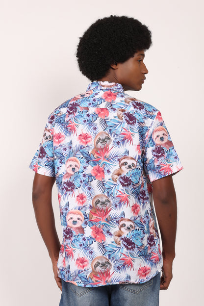 Camisa Hawaiana Playera Caribeña de Caballero Estampado Oso Perezoso Aloha