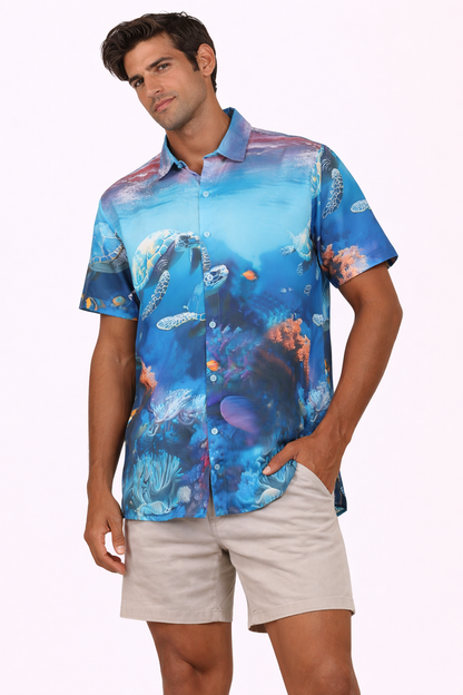 Camisa Hawaiana Playera Caribeña de Caballero Estampado Tortuga