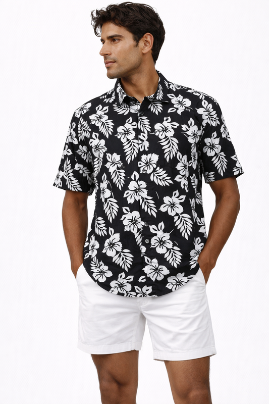 Camisa Hawaiana Playera Caribeña de Caballero Estampado Negro con Flores
