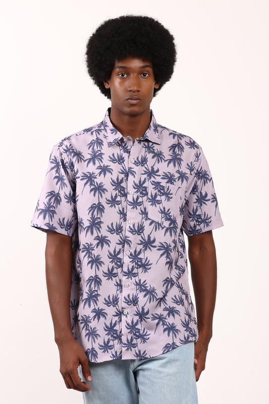 Camisa Hawaiana Playera Caribeña de Caballero Estampado Morado con Palmeras