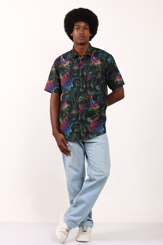 Camisa Hawaiana Playera Caribeña de Caballero Estampado Tortugas Neon